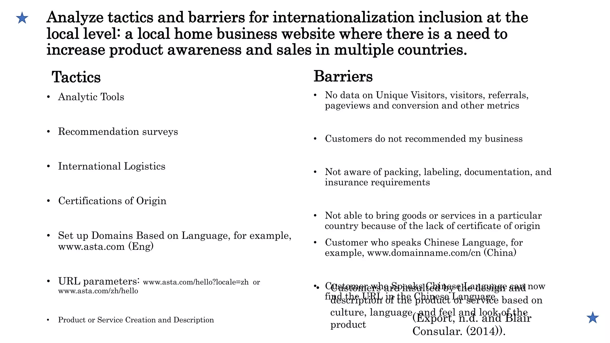 Analyze tactics and barriers for internationalization inclusion at the
local level: a local home business website where there is a need to
increase product awareness and sales in multiple countries.
Tactics
• Analytic Tools
• Recommendation surveys
• International Logistics
• Certifications of Origin
• Set up Domains Based on Language, for example,
www.asta.com (Eng)
• URL parameters: www.asta.com/hello?locale=zh or
www.asta.com/zh/hello
• Product or Service Creation and Description
Barriers
• No data on Unique Visitors, visitors, referrals,
pageviews and conversion and other metrics
• Customers do not recommended my business
• Not aware of packing, labeling, documentation, and
insurance requirements
• Not able to bring goods or services in a particular
country because of the lack of certificate of origin
• Customer who speaks Chinese Language, for
example, www.domainname.com/cn (China)
• Customer who Speaks Chinese Language can now
find the URL in the Chinese Language
(Export, n.d. and Blair
Consular. (2014)).
• Customers are insulted by the design and
description of the product or service based on
culture, language and feel and look of the
product
 