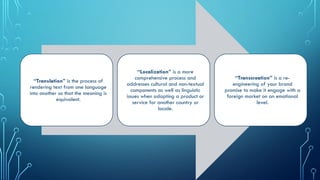 “Translation” is the process of
rendering text from one language
into another so that the meaning is
equivalent.
“Localization” is a more
comprehensive process and
addresses cultural and non-textual
components as well as linguistic
issues when adapting a product or
service for another country or
locale.
“Transcreation” is a re-
engineering of your brand
promise to make it engage with a
foreign market on an emotional
level.
 