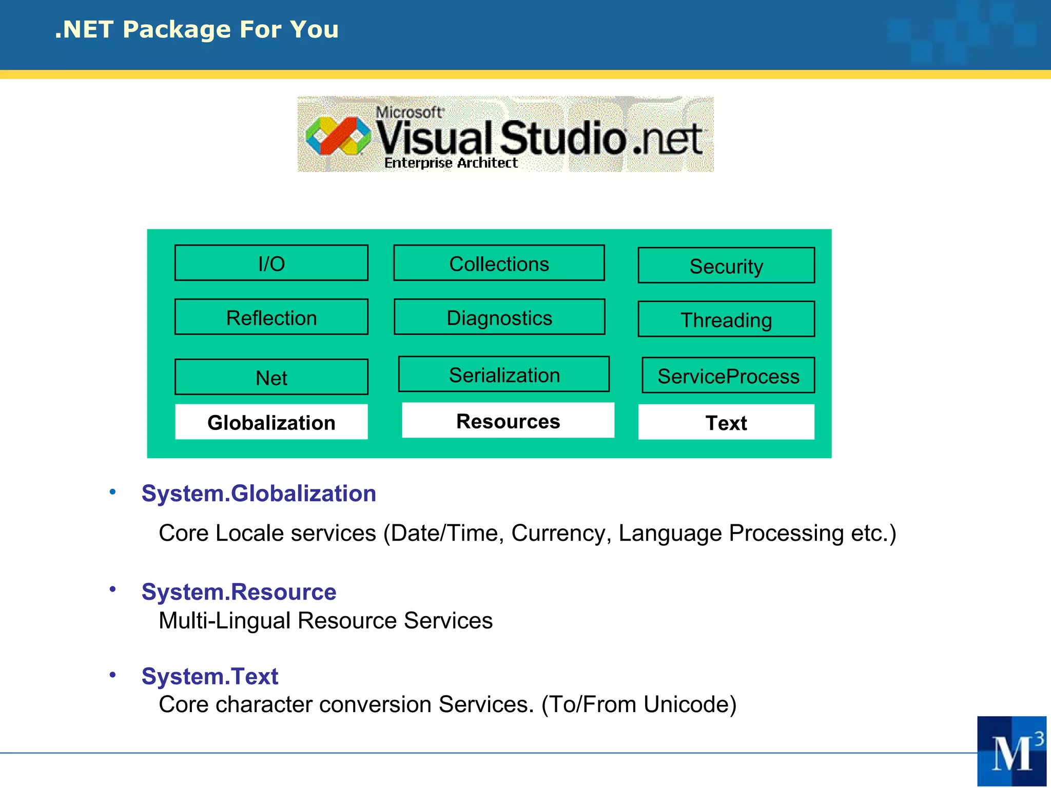 .NET Package For You




                 I/O              Collections           Security

              Reflection          Diagnostics           Threading

                 Net              Serialization      ServiceProcess

            Globalization          Resources              Text


   •   System.Globalization
        Core Locale services (Date/Time, Currency, Language Processing etc.)

   •   System.Resource
        Multi-Lingual Resource Services

   •   System.Text
        Core character conversion Services. (To/From Unicode)
 
