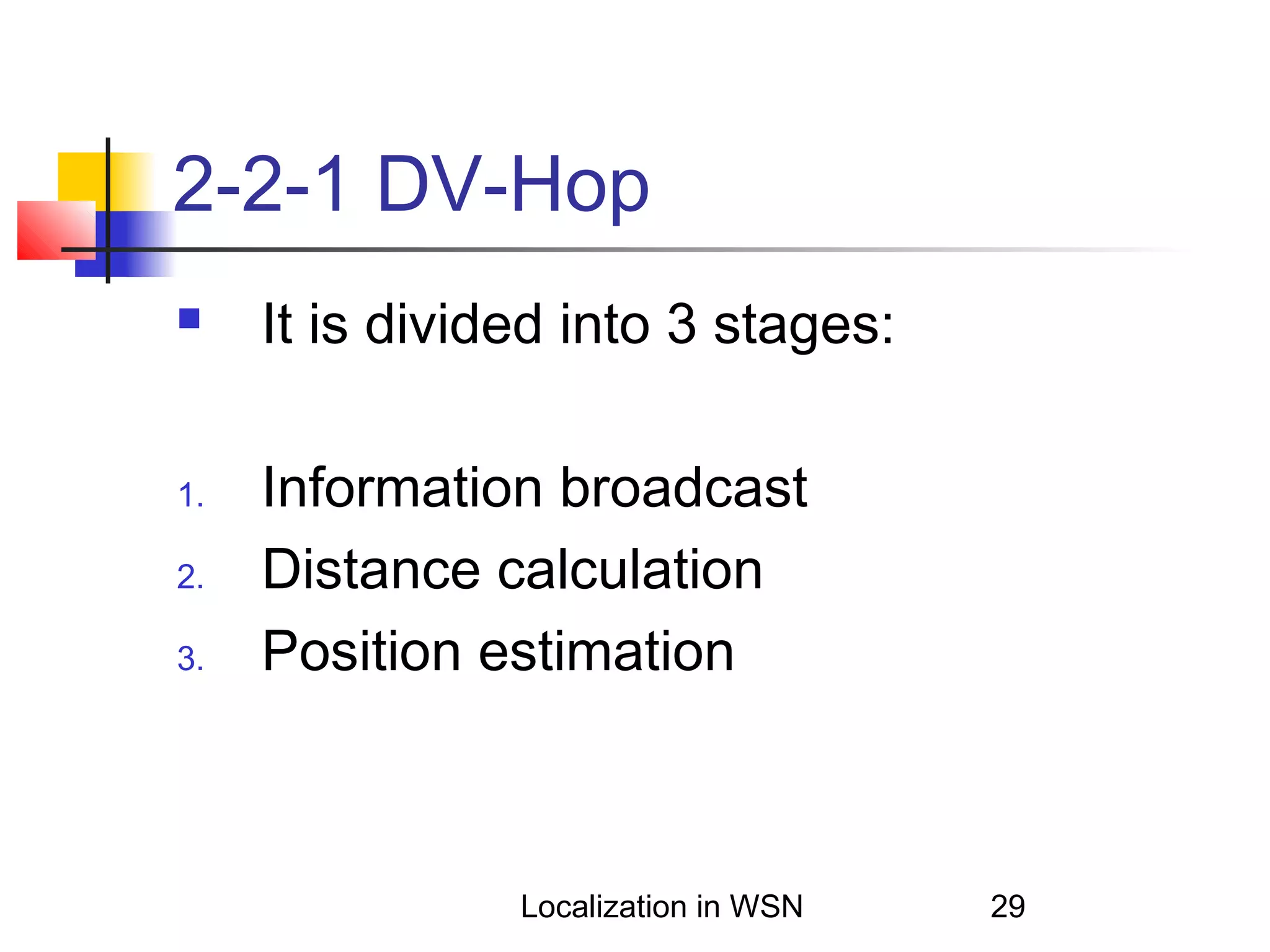 2-2-1 DV-Hop


1.
2.
3.

It is divided into 3 stages:
Information broadcast
Distance calculation
Position estimation

Localization in WSN

29

 