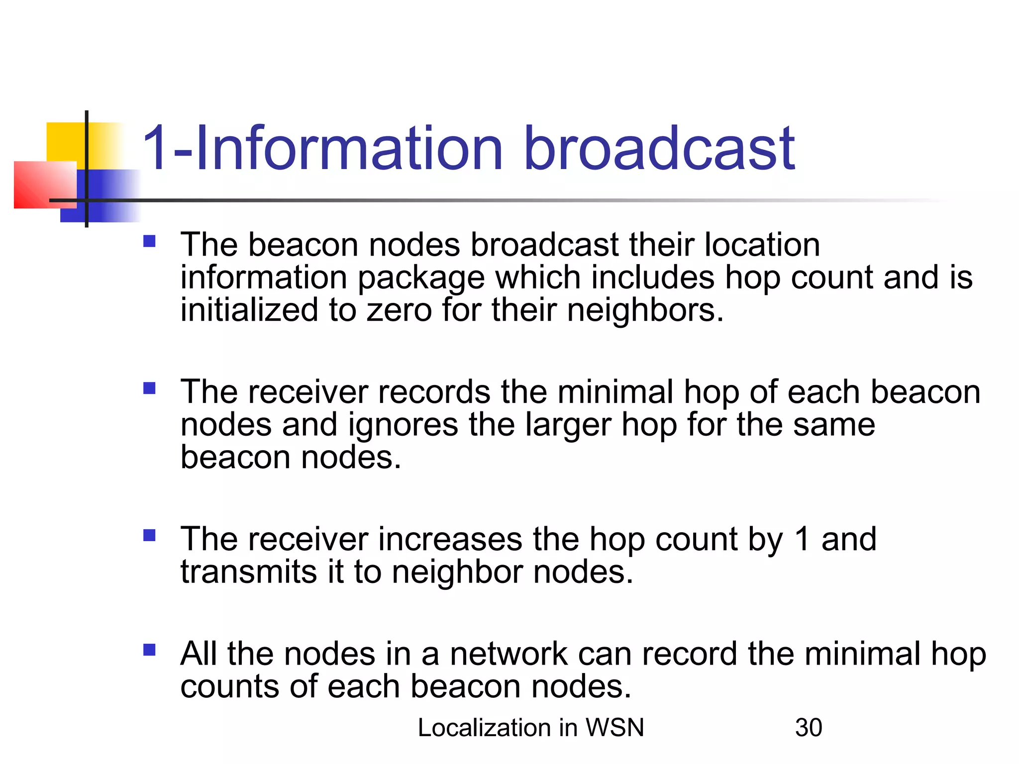 1-Information broadcast








The beacon nodes broadcast their location
information package which includes hop count and is
initialized to zero for their neighbors.
The receiver records the minimal hop of each beacon
nodes and ignores the larger hop for the same
beacon nodes.
The receiver increases the hop count by 1 and
transmits it to neighbor nodes.
All the nodes in a network can record the minimal hop
counts of each beacon nodes.
Localization in WSN

30

 