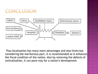 Thus localization has many more advantages and also limits but
considering the meritorious part, it is recommended as it enhances
the fiscal condition of the nation. Also by removing the defects of
centralization, it can pave way for a nation’s development

 