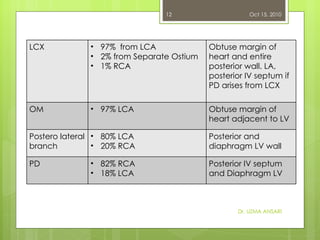 Dr. UZMA ANSARI Oct 15, 2010 LCX <ul><li>97%  from LCA </li></ul><ul><li>2% from Separate Ostium </li></ul><ul><li>1% RCA ...