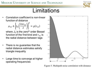 LimitationsCorrelation coefficient is non-linear function of distance𝜌12≜𝐽02𝜋𝑟12𝜆2=𝑔𝑟12	where J0 is the zeroth order Bessel function of the first kind and r12  is the radial distance between tagsThere is no guarantee that the radial distance estimates satisfy triangle inequalityLarge time to converge at higher operating frequencies Figure 5. Multipath noise correlation with distance
