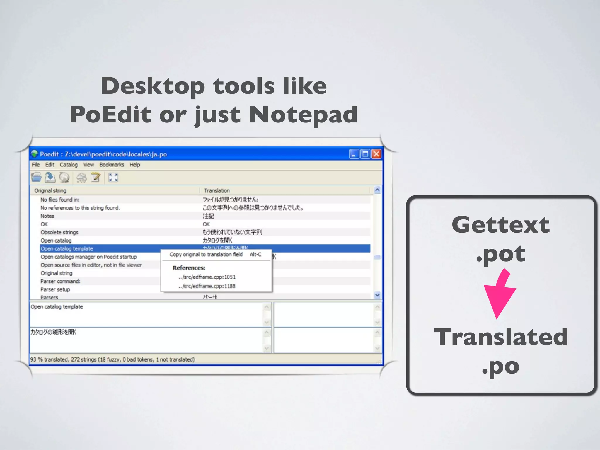 Desktop tools like
PoEdit or just Notepad



                          Gettext
                           .pot


                         Translated
                            .po
 
