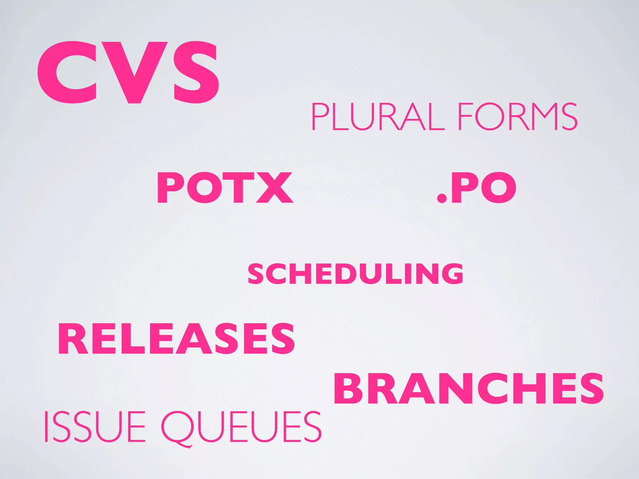 CVS        PLURAL FORMS
    POTX          .PO
        SCHEDULING

RELEASES
               BRANCHES
ISSUE QUEUES
 
