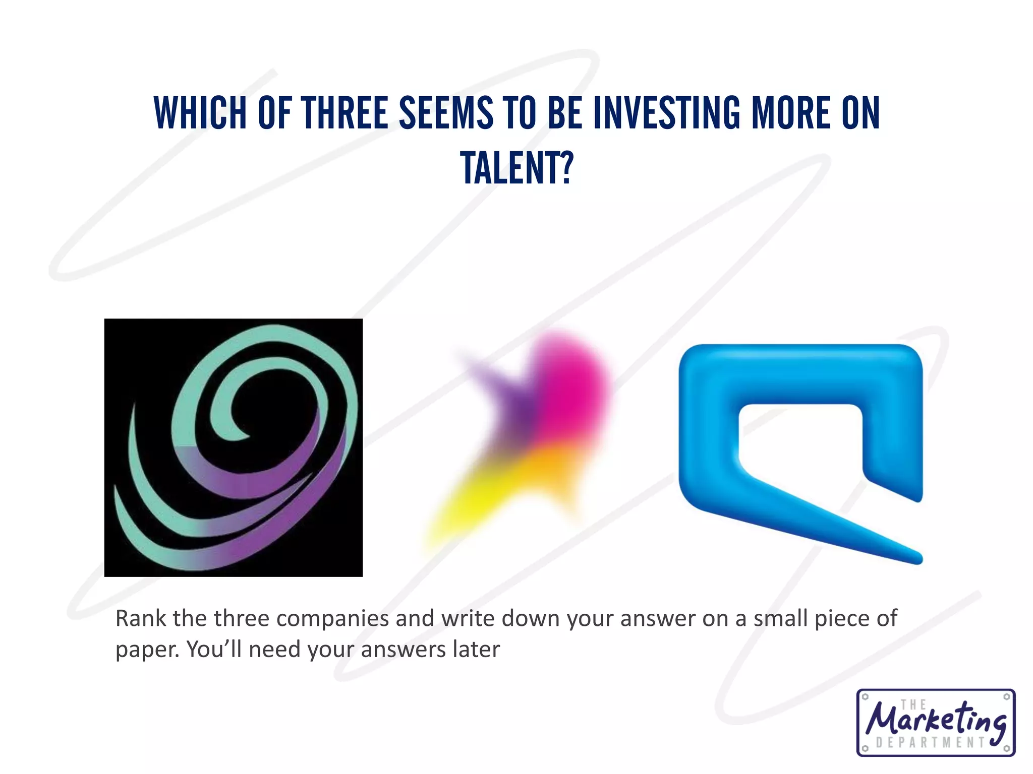 WHICH OF THREE SEEMS TO BE INVESTING MORE ON
TALENT?

Rank the three companies and write down your answer on a small piece of
paper. You’ll need your answers later

 