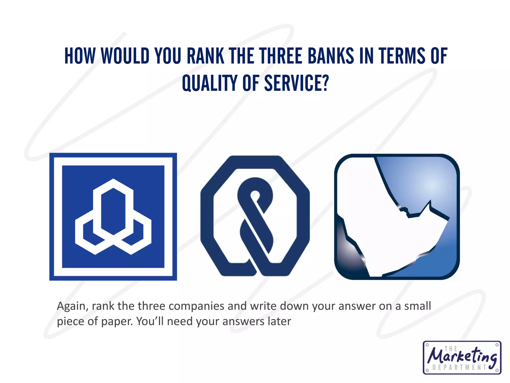 HOW WOULD YOU RANK THE THREE BANKS IN TERMS OF
QUALITY OF SERVICE?

Again, rank the three companies and write down your answer on a small
piece of paper. You’ll need your answers later

 