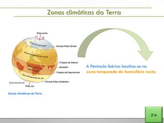 A PENÍNSULA IBÉRICA E PORTUGAL NA EUROPA E NO MUNDO
Zonas climáticas da Terra
5ºA
Zonas climáticas da Terra.
A Península Ibérica localiza-se na
zona temperada do hemisfério norte.
 