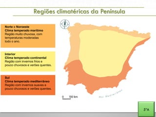 A PENÍNSULA IBÉRICA E PORTUGAL NA EUROPA E NO MUNDO
Regiões climatéricas da Península
5ºA
Norte e Noroeste
Clima temperado marítimo
Região muito chuvosa, com
temperaturas moderadas
todo o ano.
Interior
Clima temperado continental
Região com invernos frios e
pouco chuvosos e verões quentes.
Sul
Clima temperado mediterrâneo
Região com invernos suaves e
pouco chuvosos e verões quentes.
 