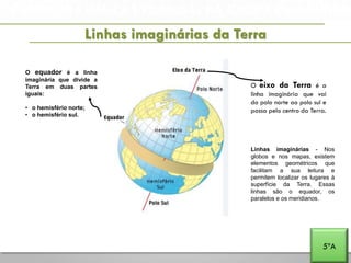 A PENÍNSULA IBÉRICA E PORTUGAL NA EUROPA E NO MUNDO
Linhas imaginárias da Terra
5ºA
Linhas imaginárias - Nos
globos e nos mapas, existem
elementos geométricos que
facilitam a sua leitura e
permitem localizar os lugares à
superfície da Terra. Essas
linhas são o equador, os
paralelos e os meridianos.
O equador é a linha
imaginária que divide a
Terra em duas partes
iguais:
• o hemisfério norte;
• o hemisfério sul.
O eixo da Terra é a
linha imaginária que vai
do polo norte ao polo sul e
passa pelo centro da Terra.
 