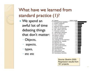   Wespend an
 awful lot of time
 debating things
 that don’t matter:
 ◦  Objects,
 ◦  aspects,
 ◦  types,
 ◦  etc etc
                      Source: Boehm 2000.
                      Regression results from
                      161 projects.
                                                17
 