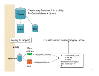Cases map features F to a utility
       Cases        F= Controllables + others




           train           test



  (query ⊆ ranges)                         S = all x sorted descending by score

    k-NN            Best
                   utilities
                      x    b = F(x | best) / F(best)
                                                          if   controllable(x) 
                                                               b  r 
relevant                                                       b  min
                      x    r = F(x | rest) / F(rest)      then score(x) = log(b/r)
                                                          else score(x) = 0
                    rest                                  fi

                                                                                     42
 
