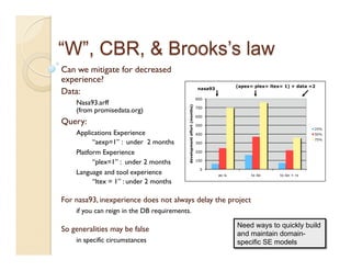 Can we mitigate for decreased
experience?
Data:
    Nasa93.arff
    (from promisedata.org)
Query:
    Applications Experience
          “aexp=1” : under 2 months
    Platform Experience
          “plex=1” : under 2 months
    Language and tool experience
          “ltex = 1” : under 2 months

For nasa93, inexperience does not always delay the project
    if you can reign in the DB requirements.

                                                     Need ways to quickly build
So generalities may be false
                                                     and maintain domain-
    in specific circumstances                        specific SE models
 