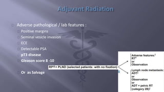 Adverse pathological / lab features : 
Positive margins 
Seminal vesicle invasion 
ECE 
Detectable PSA 
pT3 disease 
Gleason score 8 -10 
Or as Salvage 
 