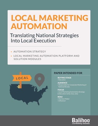 LOCAL MARKETING
AUTOMATION
Translating National Strategies
Into Local Execution
» AUTOMATION STRATEGY
» LOCAL MARKETING AUTOMATION PLATFORM AND
SOLUTION MODULES
PAPER INTENDED FOR
BUYING STAGE
» Education
AUDIENCE
» Responsible for Corporate Marketing of
National Brands
FOCUS
» Local Marketing Automation Strategy
& Education (what, how, why)
ROLE
» Decision Maker
» Influencer
L O C A L
 