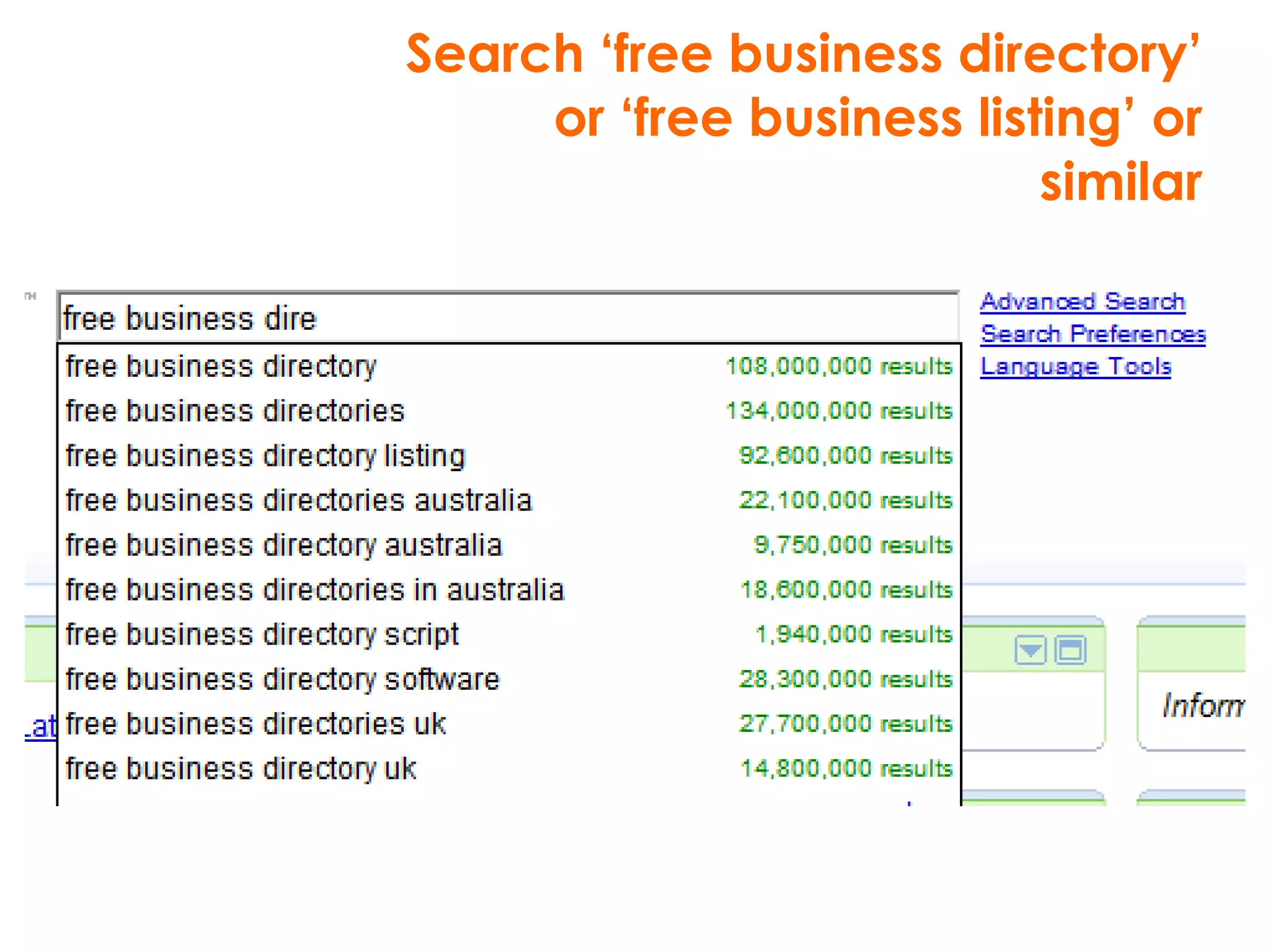 Search ‘free business directory’ or ‘free business listing’  or similar 