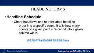 Let’s Play
Department of Education Copyreading and Headline Writing
HEADLINE TERMS
•Headline Schedule
- Chart that allows one to translate a headline
order into a specific count. It tells how many
counts of a given point size can fit into a given
column width.
UNIT COUNTS & HEADLINE SCHEDULE.docx
 