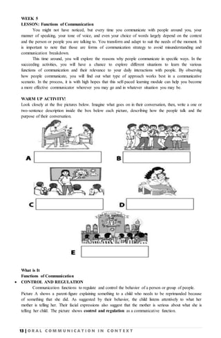 13 | O R A L C O M M U N I C A T I O N I N C O N T E X T
WEEK 5
LESSON: Functions of Communication
You might not have noticed, but every time you communicate with people around you, your
manner of speaking, your tone of voice, and even your choice of words largely depend on the context
and the person or people you are talking to. You transform and adapt to suit the needs of the moment. It
is important to note that those are forms of communication strategy to avoid misunderstanding and
communication breakdown.
This time around, you will explore the reasons why people communicate in specific ways. In the
succeeding activities, you will have a chance to explore different situations to learn the various
functions of communication and their relevance to your daily interactions with people. By observing
how people communicate, you will find out what type of approach works best in a communicative
scenario. In the process, it is with high hopes that this self-paced learning module can help you become
a more effective communicator wherever you may go and in whatever situation you may be.
WARM UP ACTIVITY!
Look closely at the five pictures below. Imagine what goes on in their conversation, then, write a one or
two-sentence description inside the box below each picture, describing how the people talk and the
purpose of their conversation.
What is It
Functions of Communication
 CONTROL AND REGULATION
Communication functions to regulate and control the behavior of a person or group of people.
Picture A shows a parent-figure explaining something to a child who needs to be reprimanded because
of something that she did. As suggested by their behavior, the child listens attentively to what her
mother is telling her. Their facial expressions also suggest that the mother is serious about what she is
telling her child. The picture shows control and regulation as a communicative function.
 