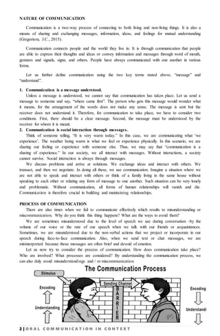 2 | O R A L C O M M U N I C A T I O N I N C O N T E X T
NATURE OF COMMUNICATION
Communication is a two-way process of connecting to both living and non-living things. It is also a
means of sharing and exchanging messages, information, ideas, and feelings for mutual understanding
(Gregoriom, J.C., 2015).
Communication connects people and the world they live in. It is through communication that people
are able to express their thoughts and ideas or convey information and messages through word of mouth,
gestures and signals, signs, and others. People have always communicated with one another in various
forms.
Let us further define communication using the two key terms stated above, “message” and
“understand”.
1. Communication is a message understood.
Unless a message is understood, we cannot say that communication has taken place. Let us send a
message to someone and say, “where came first”. The person who gets this message would wonder what
it means, for the arrangement of the words does not make any sense. The message is sent but the
receiver does not understand it. Therefore, for communication to take place, we have to consider two
conditions. First, there should be a clear message. Second, the message must be understood by the
receiver for whom it is meant.
2. Communication is social interaction through messages.
Think of someone telling, “It is very warm today.” In this case, we are communicating what ‘we
experience’. The weather being warm is what we feel or experience physically. In this scenario, we are
sharing our feeling or experience with someone else. Thus, we may say that “communication is a
sharing of experience.” In our society, we all interact with messages. Without interactions, a society
cannot survive. Social interaction is always through messages.
We discuss problems and arrive at solutions. We exchange ideas and interact with others. We
transact, and then we negotiate. In doing all these, we use communication. Imagine a situation where we
are not able to speak and interact with others or think of a family living in the same house without
speaking to each other or relating any form of message to one another. Such situation can be very lonely
and problematic. Without communication, all forms of human relationships will vanish and die.
Communication is therefore crucial in building and maintaining relationships.
PROCESS OF COMMUNICATION
There are also times when we fail to communicate effectively which results to misunderstanding or
miscommunication. Why do you think this thing happens? What are the ways to avoid them?
We are sometimes misunderstood due to the level of speech we use during conversation -by the
volume of our voice or the rate of our speech when we talk with our friends or acquaintances.
Sometimes, we are misunderstood due to the non-verbal actions that we project or incorporate in our
speech during face-to-face communication. Also, when we send text or chat messages, we are
misinterpreted because those messages are often brief and devoid of emotion.
Let us now try to consider the process of communication. How does communication take place?
Who are involved? What processes are considered? By understanding the communication process, we
can also duly avoid misunderstandings and / or miscommunication.
 