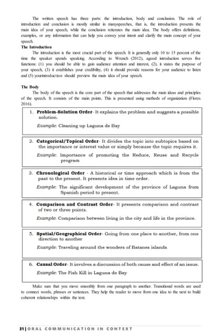 31 | O R A L C O M M U N I C A T I O N I N C O N T E X T
The written speech has three parts: the introduction, body and conclusion. The role of
introduction and conclusion is mostly similar in manyspeeches, that is, the introduction presents the
main idea of your speech, while the conclusion reiterates the main idea. The body offers definitions,
examples, or any information that can help you convey your intent and clarify the main concept of your
speech.
The Introduction
The introduction is the most crucial part of the speech. It is generally only 10 to 15 percent of the
time the speaker spends speaking. According to Wrench (2012), agood introduction serves five
functions: (1) you should be able to gain audience attention and interest, (2), it states the purpose of
your speech, (3) it establishes your credibility, (4) it should provide reasons for your audience to listen
and (5) yourintroduction should preview the main idea of your speech.
The Body
The body of the speech is the core part of the speech that addresses the main ideas and principles
of the speech. It consists of the main points. This is presented using methods of organization (Flores
2016).
Make sure that you move smoothly from one paragraph to another. Transitional words are used
to connect words, phrases or sentences. They help the reader to move from one idea to the next to build
coherent relationships within the text.
 