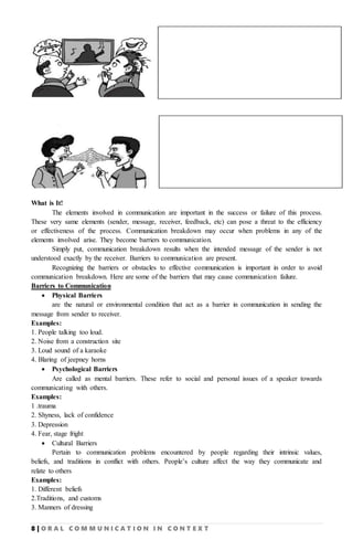 8 | O R A L C O M M U N I C A T I O N I N C O N T E X T
What is It!
The elements involved in communication are important in the success or failure of this process.
These very same elements (sender, message, receiver, feedback, etc) can pose a threat to the efficiency
or effectiveness of the process. Communication breakdown may occur when problems in any of the
elements involved arise. They become barriers to communication.
Simply put, communication breakdown results when the intended message of the sender is not
understood exactly by the receiver. Barriers to communication are present.
Recognizing the barriers or obstacles to effective communication is important in order to avoid
communication breakdown. Here are some of the barriers that may cause communication failure.
Barriers to Communication
 Physical Barriers
are the natural or environmental condition that act as a barrier in communication in sending the
message from sender to receiver.
Examples:
1. People talking too loud.
2. Noise from a construction site
3. Loud sound of a karaoke
4. Blaring of jeepney horns
 Psychological Barriers
Are called as mental barriers. These refer to social and personal issues of a speaker towards
communicating with others.
Examples:
1 .trauma
2. Shyness, lack of confidence
3. Depression
4. Fear, stage fright
 Cultural Barriers
Pertain to communication problems encountered by people regarding their intrinsic values,
beliefs, and traditions in conflict with others. People’s culture affect the way they communicate and
relate to others
Examples:
1. Different beliefs
2.Traditions, and customs
3. Manners of dressing
 