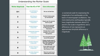 -a numerical scale for expressing the
magnitude of an earthquake on the
basis of seismograph oscillations. The
more destructive earthquakes typically
have magnitudes between about 5.5
and 8.9; the scale is logarithmic and a
difference of one represents an
approximate thirtyfold difference in
magnitude.
 