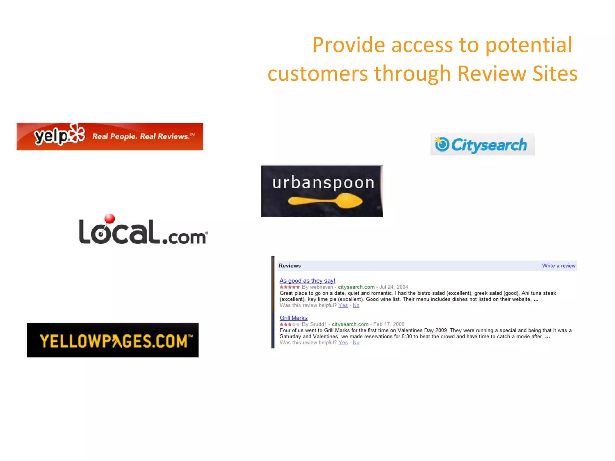 Provide access to potential
customers through Review Sites
 