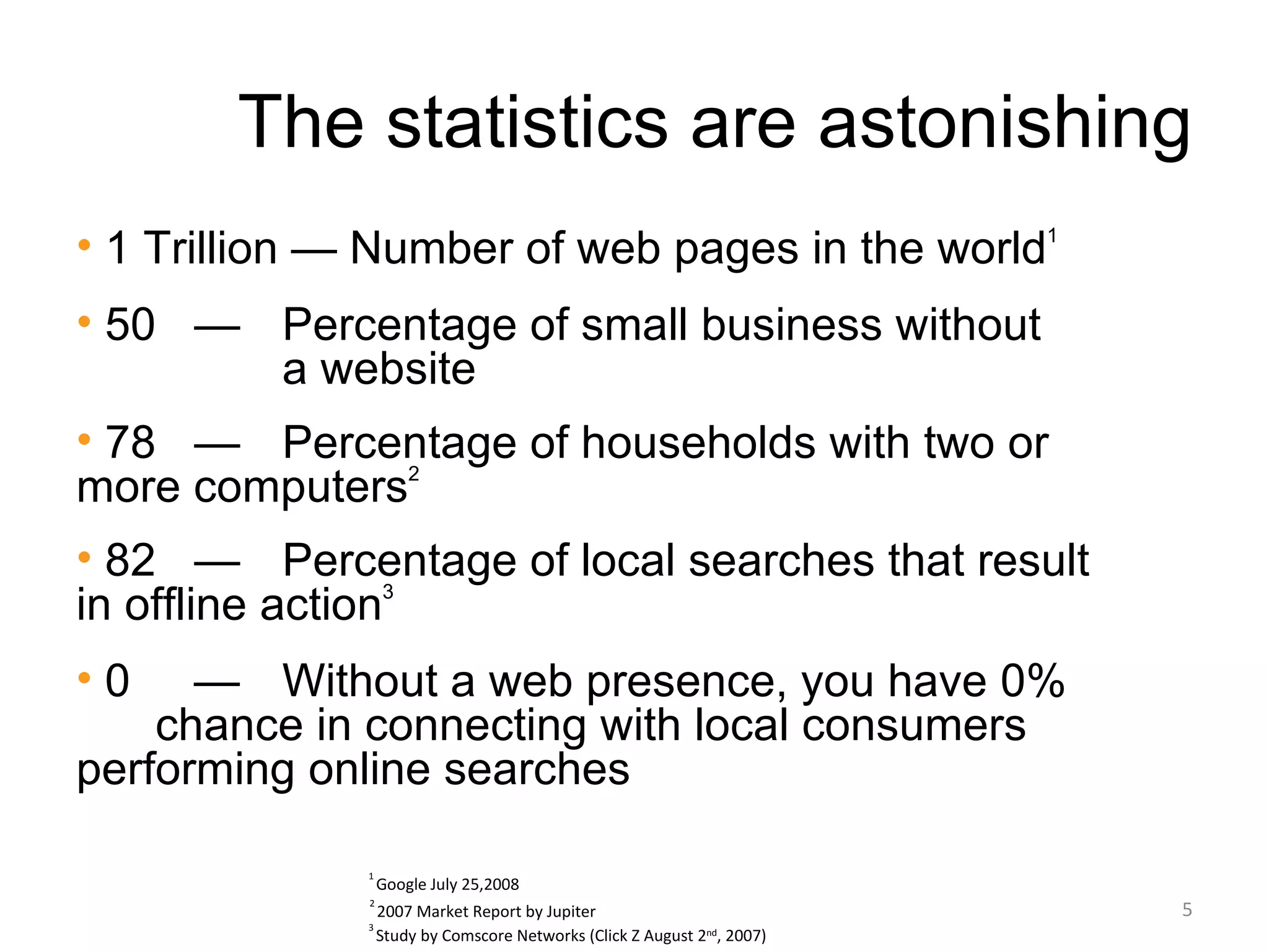 The statistics are astonishing
• 1 Trillion — Number of web pages in the world1
• 50 — Percentage of small business without
       a website
• 78 — Percentage of households with two or
more computers2
• 82 — Percentage of local searches that result
in offline action3
•0    — Without a web presence, you have 0%
    chance in connecting with local consumers
performing online searches

              1
                  Google July 25,2008
              2
                  2007 Market Report by Jupiter                           5
              3
                  Study by Comscore Networks (Click Z August 2nd, 2007)
 