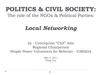 POLITICS & CIVIL SOCIETY: The role of the NGOs & Political Parties: Local Networking by : Concepcion “Chit” Asis Regional Chairperson People Power Volunteers for Reforms - CARAGA May 5, 2011 Pasig City 1 