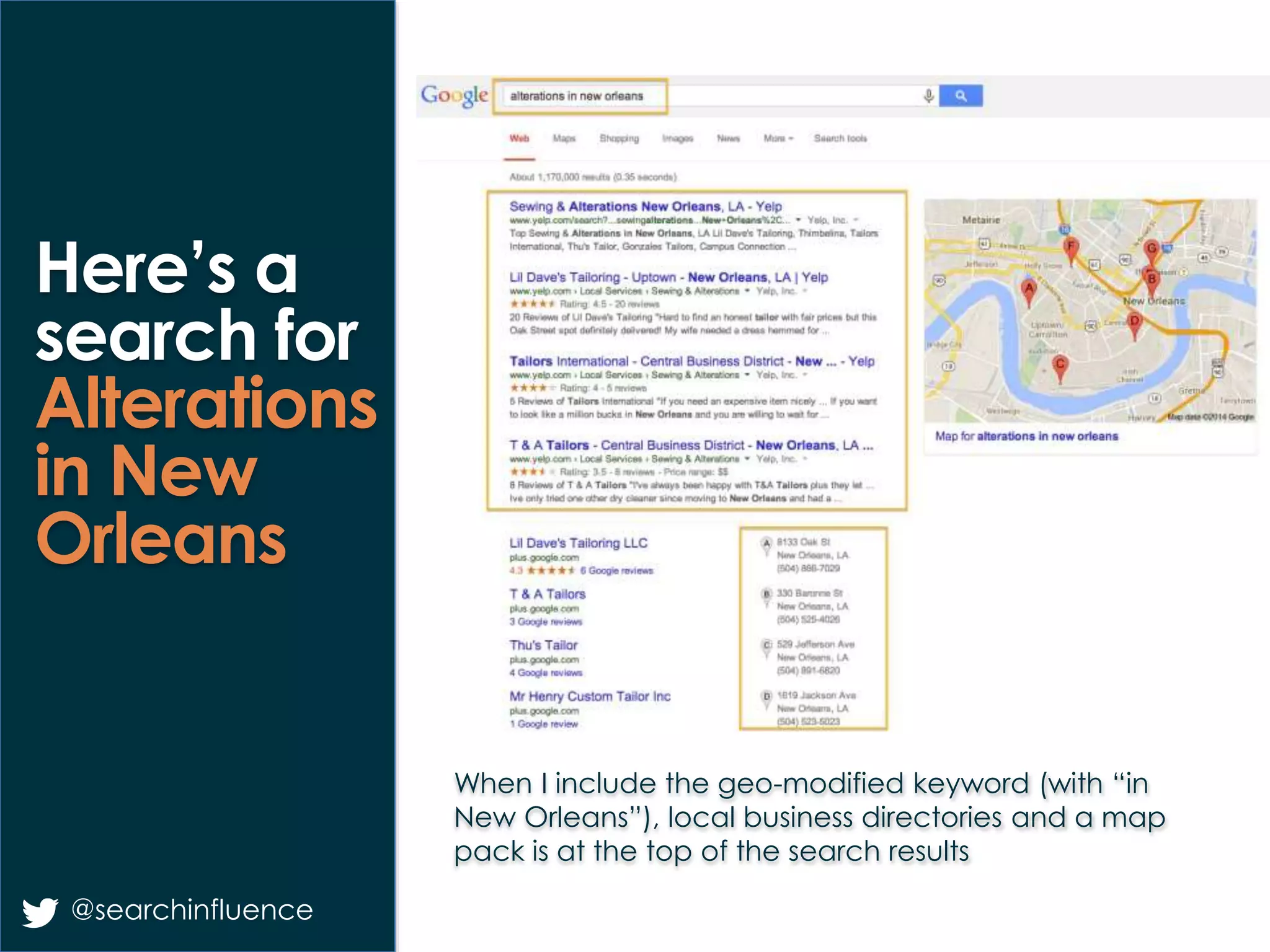 When I include the geo-modified keyword (with “in
New Orleans”), local business directories and a map
pack is at the top of the search results
Here’s a
search for
Alterations
in New
Orleans
@searchinfluence
 