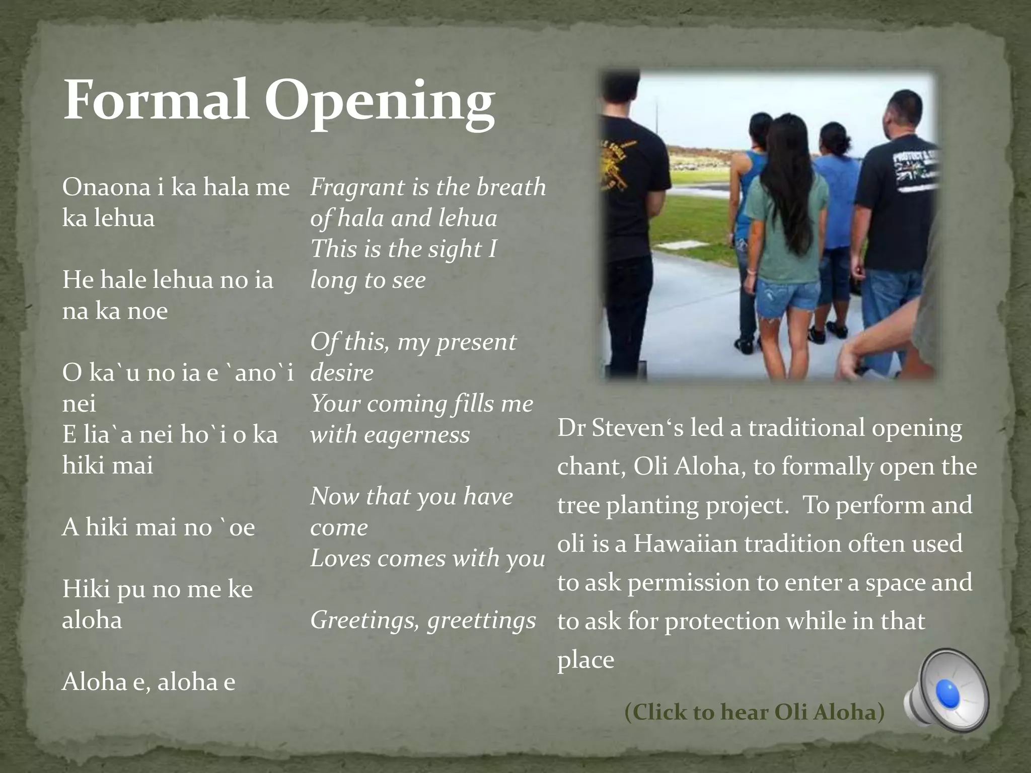 Formal Opening
Dr Stevenʻs led a traditional opening
chant, Oli Aloha, to formally open the
tree planting project. To perform and
oli is a Hawaiian tradition often used
to ask permission to enter a space and
to ask for protection while in that
place
Onaona i ka hala me
ka lehua
He hale lehua no ia
na ka noe
O ka`u no ia e `ano`i
nei
E lia`a nei ho`i o ka
hiki mai
A hiki mai no `oe
Hiki pu no me ke
aloha
Aloha e, aloha e
Fragrant is the breath
of hala and lehua
This is the sight I
long to see
Of this, my present
desire
Your coming fills me
with eagerness
Now that you have
come
Loves comes with you
Greetings, greettings
(Click to hear Oli Aloha)
 