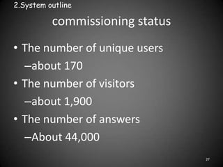 commissioning status
• The number of unique users
–about 170
• The number of visitors
–about 1,900
• The number of answers...