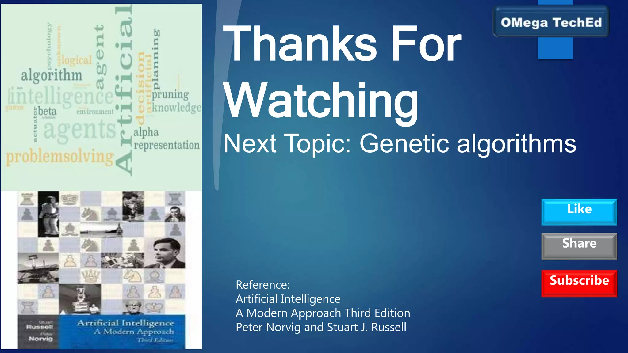 Thanks For
Watching
Next Topic: Genetic algorithms
Reference:
Artificial Intelligence
A Modern Approach Third Edition
Peter Norvig and Stuart J. Russell
Subscribe
Like
Share
 