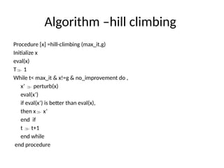 Algorithm –hill climbing
Procedure [x] =hill-climbing (max_it,g)
Initialize x
eval(x)
T 1
While t< max_it & x!=g & no_improvement do ,
x’  perturb(x)
eval(x’)
if eval(x’) is better than eval(x),
then x x’
end if
t  t+1
end while
end procedure
 