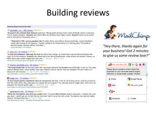 Building reviews


              “Hey there, thanks again for
              your business! Got 2 minutes
              to give us some review love?”
 