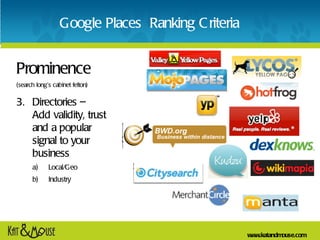 Google Places  Ranking Criteria <ul><li>Prominence </li></ul><ul><li>(search long ’ s cabinet felton) </li></ul><ul><li>Di...