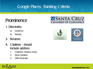 Google Places  Ranking Criteria <ul><li>Prominence </li></ul><ul><li>1. Directories </li></ul><ul><ul><li>Local/Geo </li><...