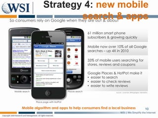 Strategy 3: new local search results (cont’d)Changes to PageRank algorithm to improve quality of local listings Inbound LinksSocial PagesFans & FollowersGoogle Place PageSite & BlogReviews++++Social BookmarksREPUTATIONSOCIAL AUTHORITYCONTENT & LINKSProminent Organic Rank=How soon until it impacts Quality Score for AdWords?9
