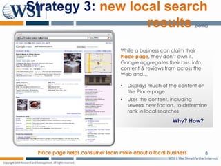 Strategy 3: new local search results (cont’d)While a business can claim their Place page, they don’t own it. Google aggregates their bus. info, content & reviews from across the Web and…Displays much of the content on the Place page