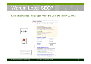 © DIM Deutsches Institut für Marketing Local SEO – David schlägt Goliath 13
Warum Local SEO?
Lokale Suchanfragen erzeugen meist drei Bereiche in den SERPS:
Organisches
Suchergebnis
 