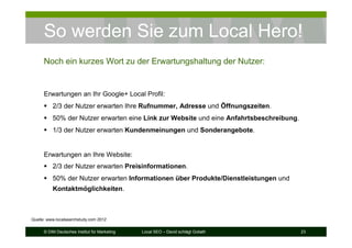© DIM Deutsches Institut für Marketing Local SEO – David schlägt Goliath 23
So werden Sie zum Local Hero!
Noch ein kurzes Wort zu der Erwartungshaltung der Nutzer:
Erwartungen an Ihr Google+ Local Profil:
2/3 der Nutzer erwarten Ihre Rufnummer, Adresse und Öffnungszeiten.
50% der Nutzer erwarten eine Link zur Website und eine Anfahrtsbeschreibung.
1/3 der Nutzer erwarten Kundenmeinungen und Sonderangebote.
Erwartungen an Ihre Website:
2/3 der Nutzer erwarten Preisinformationen.
50% der Nutzer erwarten Informationen über Produkte/Dienstleistungen und
Kontaktmöglichkeiten.
Quelle: www.localsearchstudy.com 2012
 