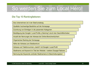© DIM Deutsches Institut für Marketing Local SEO – David schlägt Goliath 36
So werden Sie zum Local Hero!
Die Top 10 Rankingfaktoren:
Zuordnung von Einträgen in die passenden Kategorien
Nennung des Keywords und/oder Stadtnamens im Beschreibungstext
Anzahl der Nennungen der Adresse bei Online-Branchenbüchern
Das Unternehmen ist in der Stadt ansässig
Qualitativ hochwertige Backlinks auf die Homepage
Organisches Ranking der Homepage
Adresse und Telefonnummer „matcht“ mit Google+ Local Profil
Nähe der Adresse zum Stadtzentrum
Stadtname und Keyword im Titel der Website + weitere Onpage-Faktoren
Bestätigung des Google+ Local Profils („Claiming“) durch den Geschäftsinhaber
 