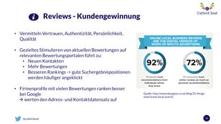 @catbirdseat 54
Reviews - Kundengewinnung
• Vermitteln Vertrauen, Authentizität, Persönlichkeit,
Qualität
• Gezieltes Stimulieren von aktuellen Bewertungen auf
relevanten Bewertungsportalen führt zu:
• Neuen Kontakten
• Mehr Bewertungen
• Besseren Rankings -> gute Suchergebnispositionen
werden häufiger angeklickt
• Firmenprofile mit vielen Bewertungen ranken besser
bei Google
 werten den Adress- und Kontaktdatensatz auf
Quelle: http://www.blueglass.co.uk/blog/25-things-
need-know-local-search/
 