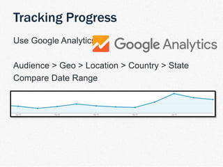 | TDM Customer Journey 26
Use Google Analytics
Audience > Geo > Location > Country > State
Compare Date Range
Tracking Progress
 