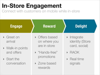 Connect with customers on mobile while in-store
In-Store Engagement
Engage Delight
‣ Greet on
arrival
‣ Walk-in points
and offers
‣ Start the
conversation
Reward
‣ Offers based
on where you
are in store
‣ “Hands-free”
promotions
‣ Zone based
rewards
‣ Integrate
identity (Store
card, social)
‣ RAOK
‣ Real time
signals
 