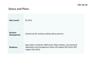 Status	
  and	
  Plans	
  


 Beta	
  Launch	
  	
     Q1	
  2012	
  




 Business	
  
                          Ireland	
  and	
  UK,	
  acJvely	
  seeking	
  rollout	
  partners	
  
 Development	
  




                          App	
  ready	
  on	
  Android,	
  J2ME	
  (now);	
  Web	
  analyJcs,	
  and	
  merchant	
  
 Readiness	
              registraJon	
  and	
  management	
  (now),	
  iOS	
  support	
  (Q1	
  2012);	
  NFC	
  
                          support	
  (Q1	
  2012)	
  
 