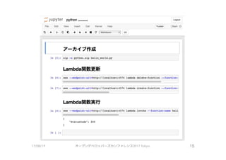 ご JUpyter p州on酬明 L勾out
File Ed� View In鵠rt Cell Kern剖 Help Trusted I Bash 0
�11+ 灰 色 町� 1' ψ 制 ・ C Markdown
4‘
‘’ m
17/08/19
アーカイブ作成
In (SJ: zip - u python.zip hello_world.py
Lambda関数更新
工n [6]: aws -- endpoint-url�http: //localhost:4574 lambda delete-function --function-
In [7 J: aws --endpoint-url=http: I/localhost:4574 lambda create-function --function-
Lambda関数実行
工n [aJ: aws --endpoint-url=http: I/localhost:4574 lambda inv。ke --function-name hell
・＇StatusCode＇・： 200
｝
In [ J:
オープンデベロッJ＼ーズカンファレンス2017 Tokyo 15
 