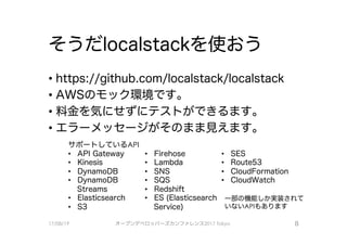 そうだlocalstackを使おう
• https://github.com/localstack/localstack
•AWSのモック環境です。
－料金を気にせずに テストができるます0
．エラーメッセージがそのまま見えます。
サポートしているAPI
• API Gateway
• Kinesis
• DynamoDB
• DynamoDB
Streams
Firehose • SES
Lambda • Route53
SNS ・ CloudFormation
sos ・ CloudWatch
• Redshift
• Elasticsearch • ES (Elasticsearch 一部の機能しか実装されて
• S3 Service) いないAPIもあります
17/08/19 オープンデベ口ツjて－ズカンファレンス2017Tokyo 8
 
