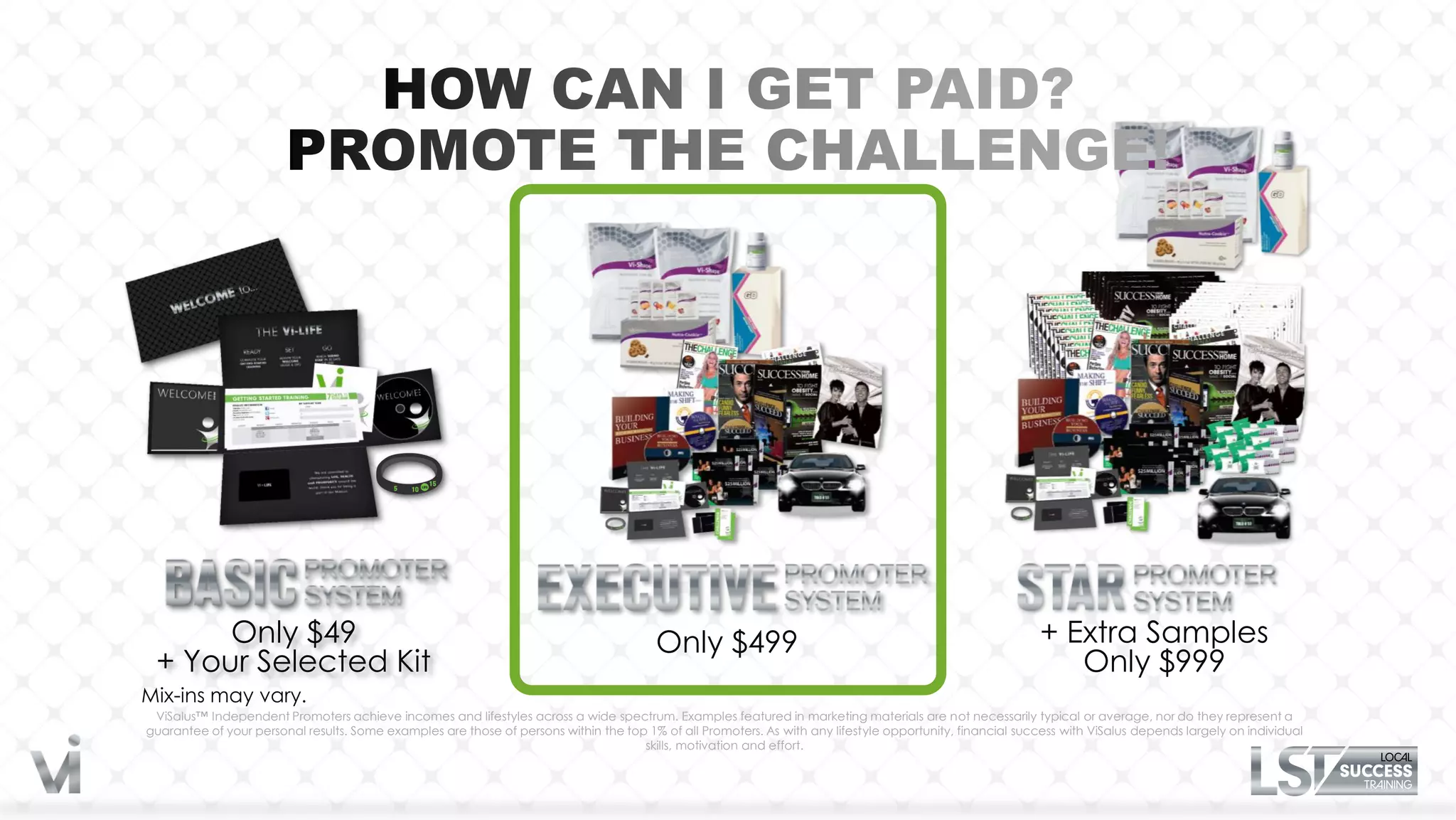 Only $49                                                                           Only $499                                                          + Extra Samples
 + Your Selected Kit                                                                                                                                           Only $999
Mix-ins may vary.
 ViSalus™ Independent Promoters achieve incomes and lifestyles across a wide spectrum. Examples featured in marketing materials are not necessarily typical or average, nor do they represent a
guarantee of your personal results. Some examples are those of persons within the top 1% of all Promoters. As with any lifestyle opportunity, financial success with ViSalus depends largely on individual
                                                                                     skills, motivation and effort.
 
